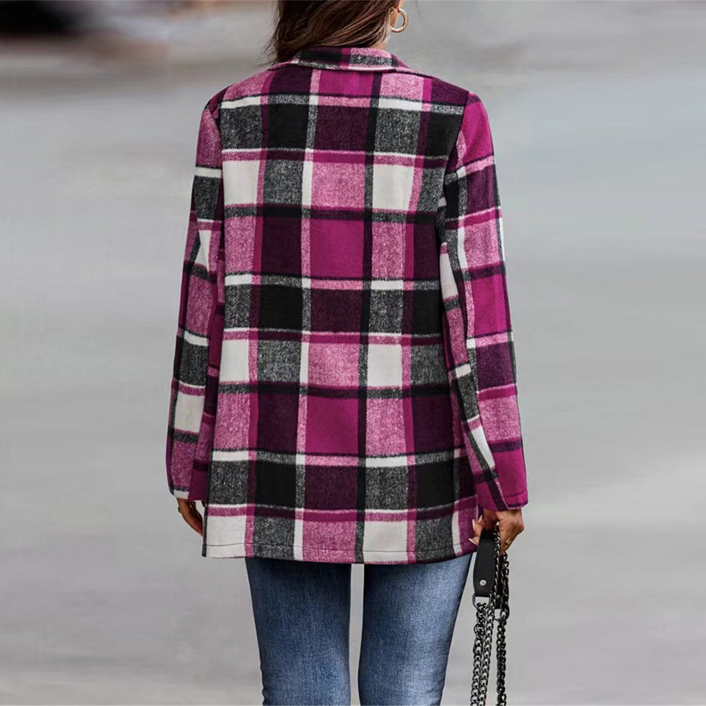 Macymars™ New Autumn Winter Women Warm Woolen Plaid Coat Office Lady Long Sleeve Shirt Cardigan