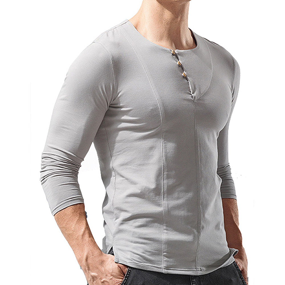 Macymars™ Men's Long Sleeve Solid Color Round Neck Button T-Shirt
