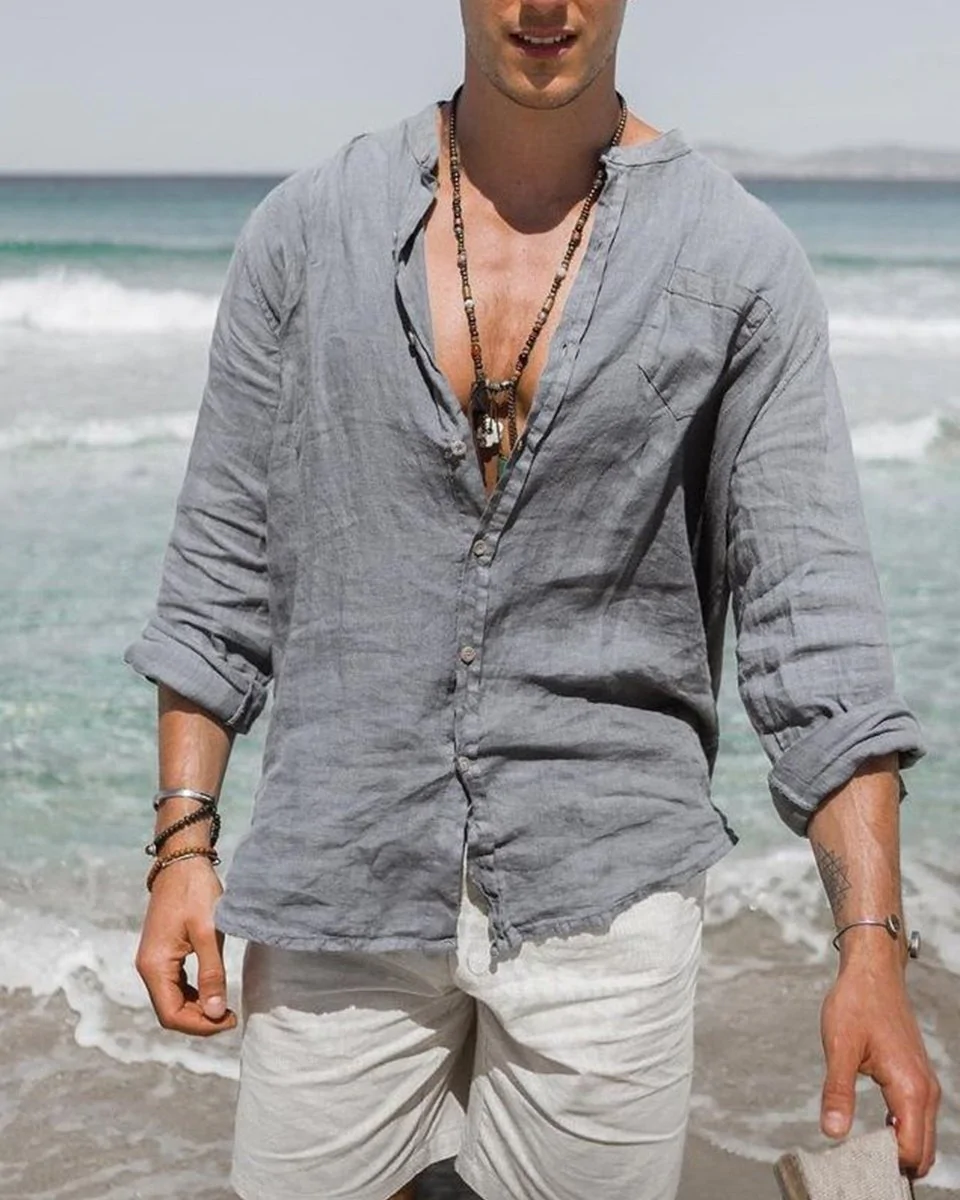 Macymars™ Men's Grey Cotton Linen Loose Shirt