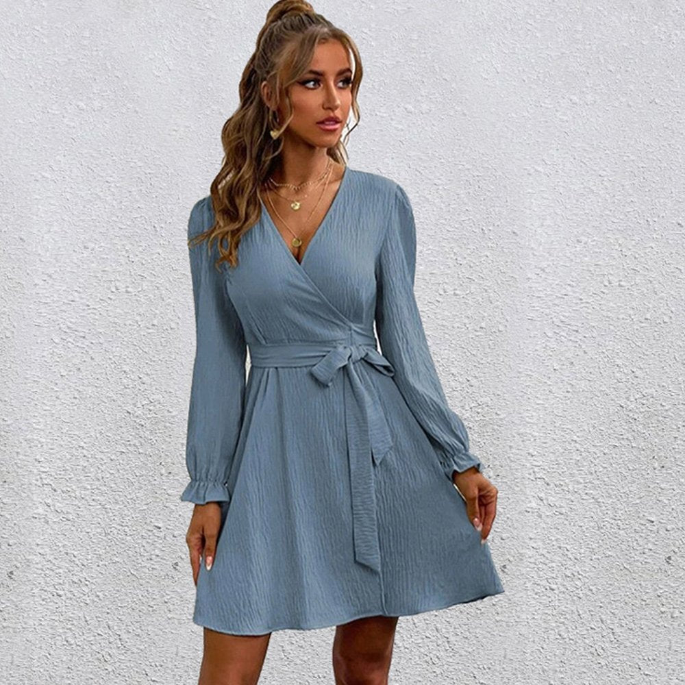 Macymars™ Women Long Sleeve Solid Color V Neck Loose Mid Swing Dresses