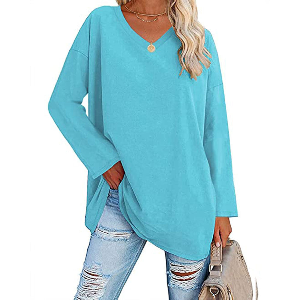 Macymars™ Women's Solid Color Fashion V-Neck Loose Long Sleeve T-Shirt