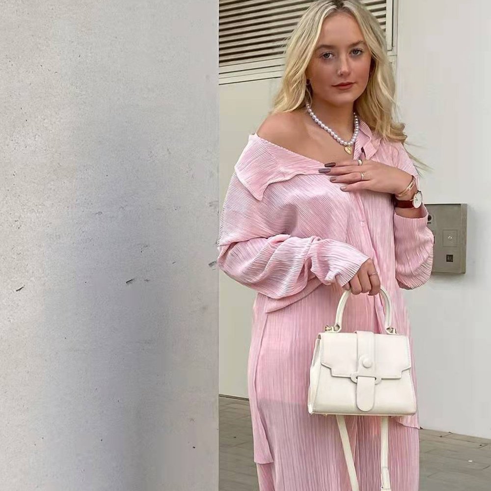 Macymars™ Women Clothing Retro Casual Fashion Fashion Suit 2022 Long Sleeve Loose-Fitting Pleated Wide Leg Pants Two-Piece Set