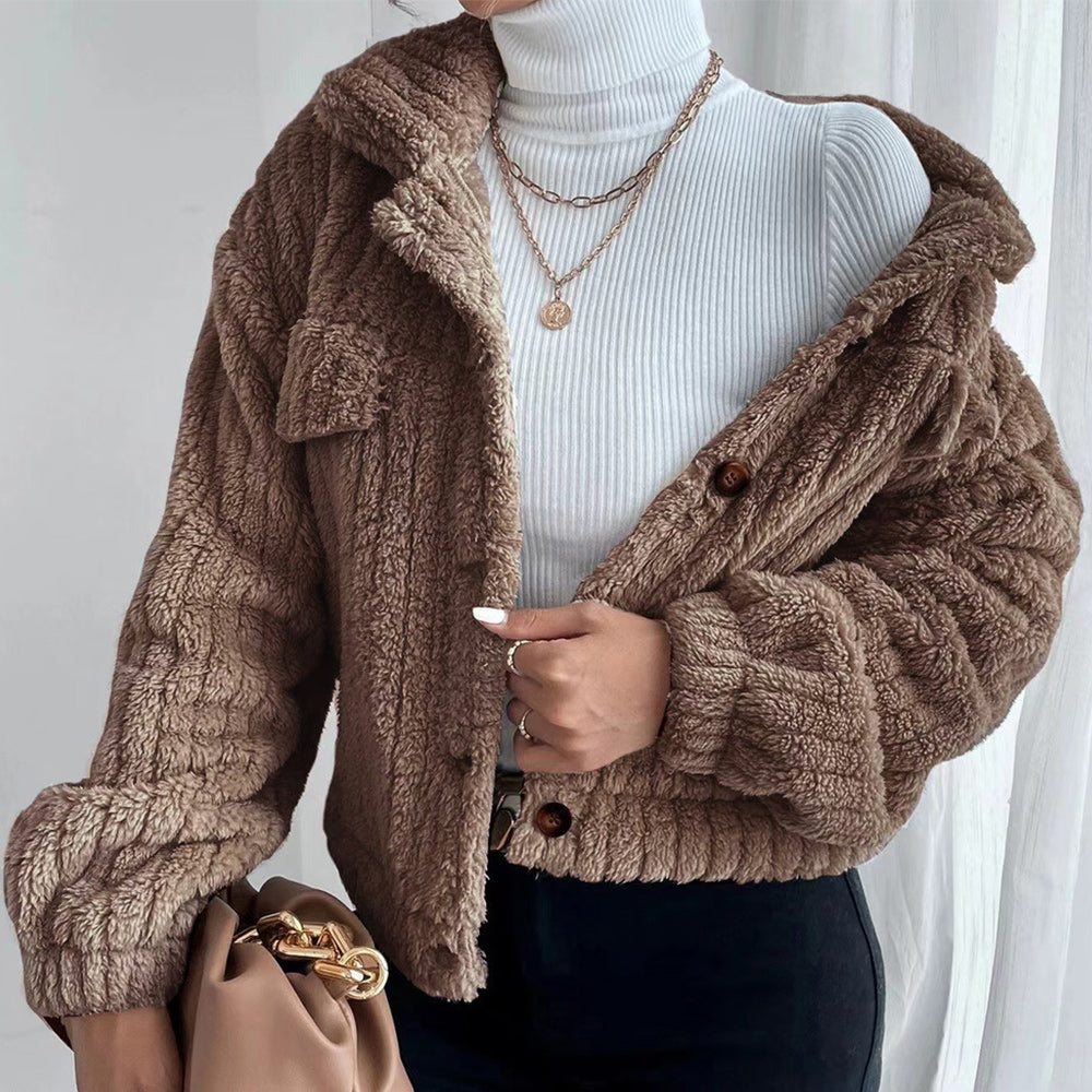 Macymars™ Women Autumn Plush Fashion Lapel Long Sleeve Jacket Casual Short Coats