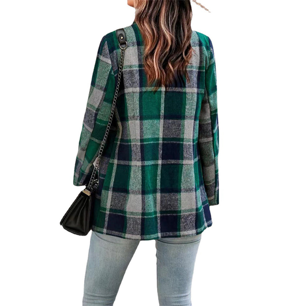 Macymars™ New Autumn Winter Women Warm Woolen Plaid Coat Office Lady Long Sleeve Shirt Cardigan