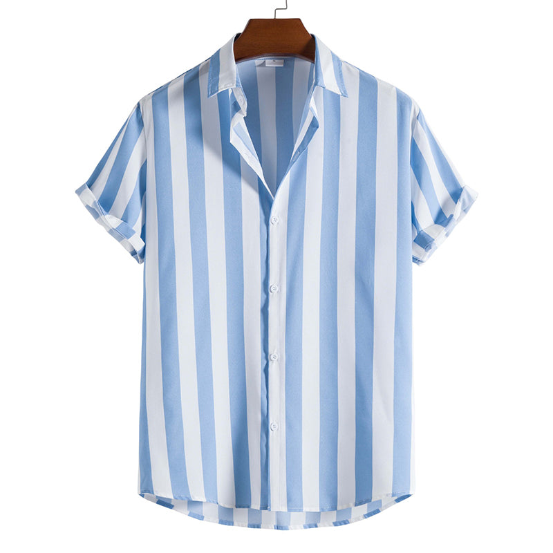 Macymars™ Literary Light Blue Vertical Stripes Fashion Casual Men's Bowling Shirt