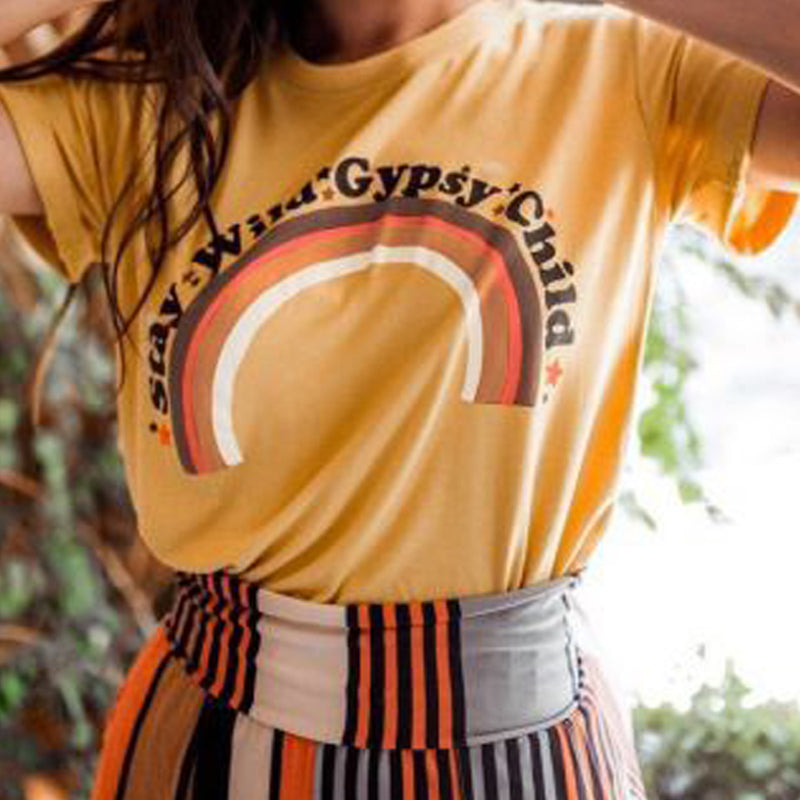 Macymars™ Fashionable Women's Rainbow Stay Wild Gypsy Child Print Yellow T-Shirt