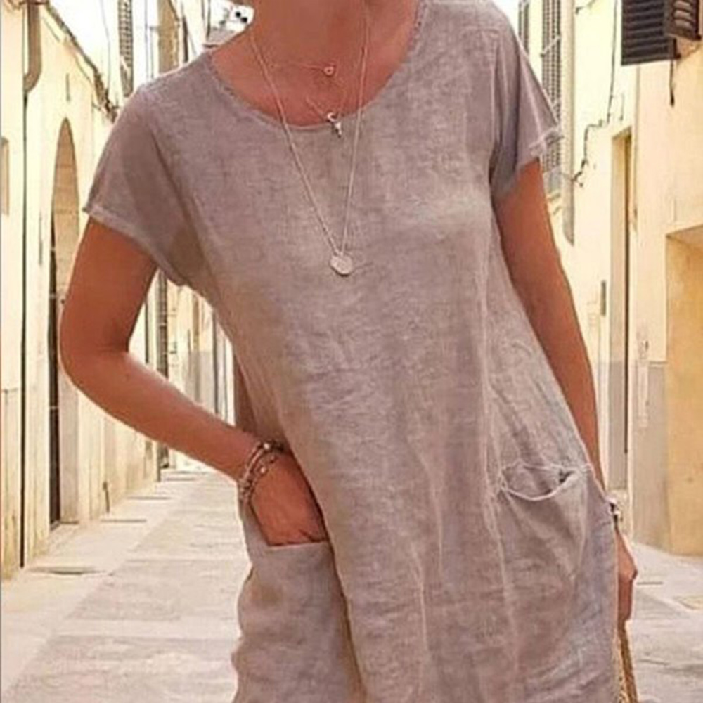 Macymars™ Summer Loose Solid Color Cotton Linen Pocket Crew Neck Dress