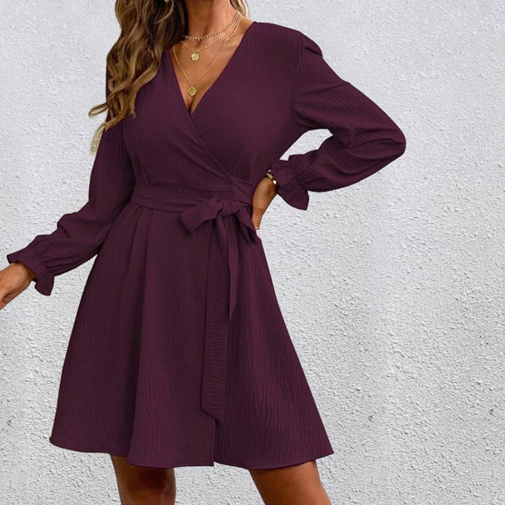 Macymars™ Women Long Sleeve Solid Color V Neck Loose Mid Swing Dresses