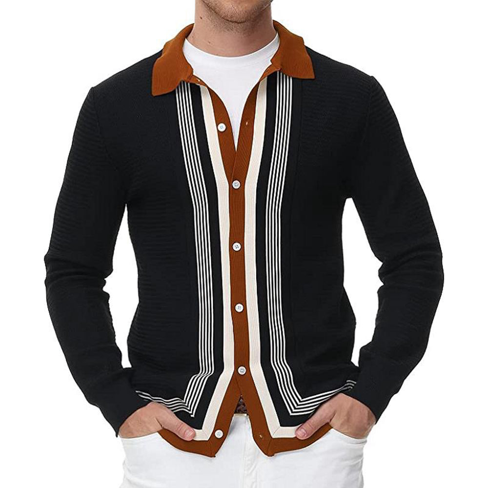 Macymars™ Men's Long Sleeve Black Knit Striped Business Cardigan