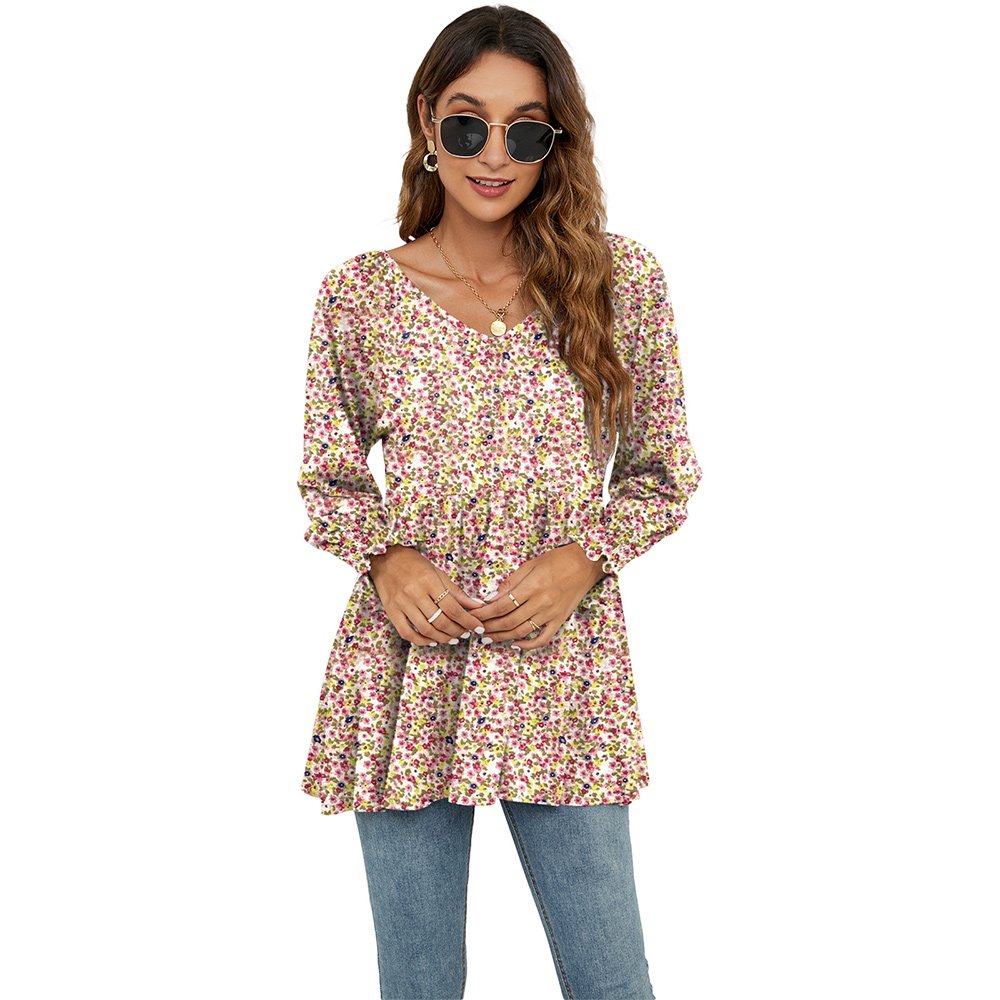 Macymars™ Women Swing Hem Long Sleeve Tops Bohemian Work Floral Print Pullover V Neck Tunic Blouse