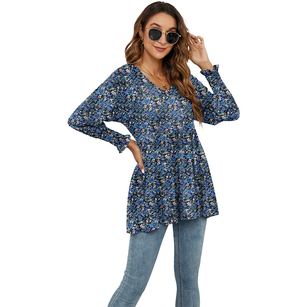 Macymars™ Women Swing Hem Long Sleeve Tops Bohemian Work Floral Print Pullover V Neck Tunic Blouse