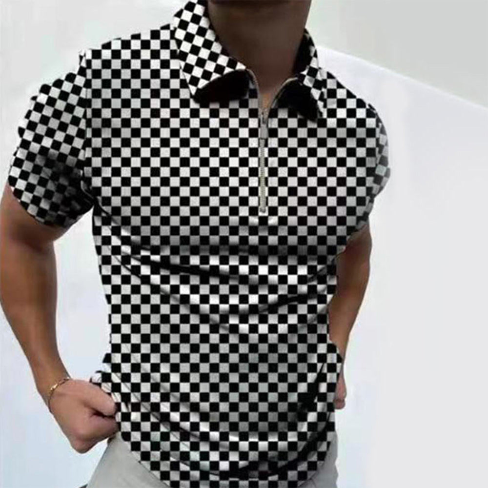 Macymars™ Men's Check Lapel Short Sleeve Zip Polo Shirt