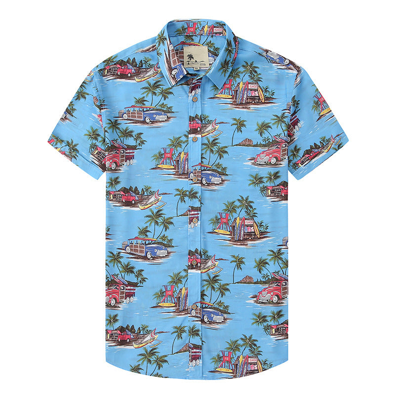 Macymars™ Fashion Hawaiian Car Under Coconut Tree Print Beach Men's Bowling Shirt