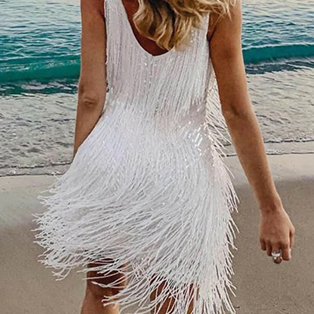 Macymars™ White Suspender Deep V Fringed Temperament Sexy Dress