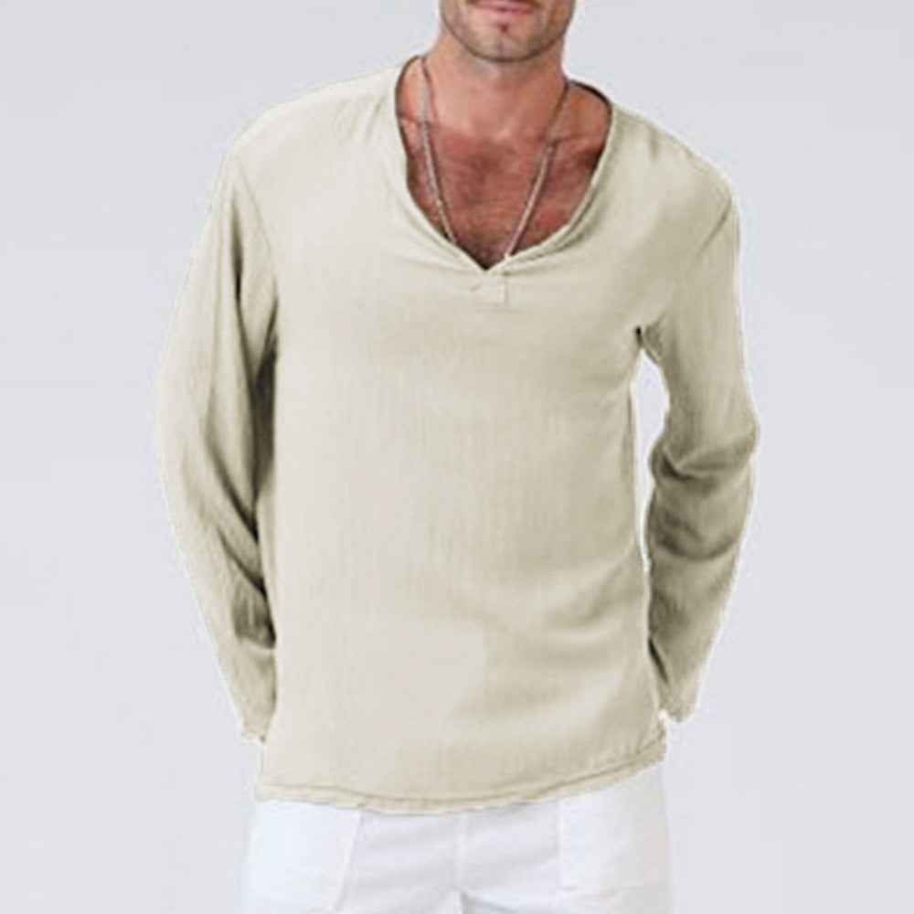 Macymars™ Men's Solid Color Linen V-Neck Long Sleeve T-Shirt