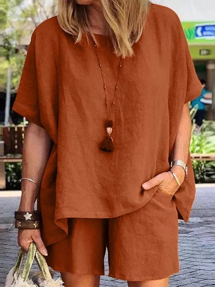 Macymars™ Solid Colour Elastic Waist Suit (Blouse + Pants)