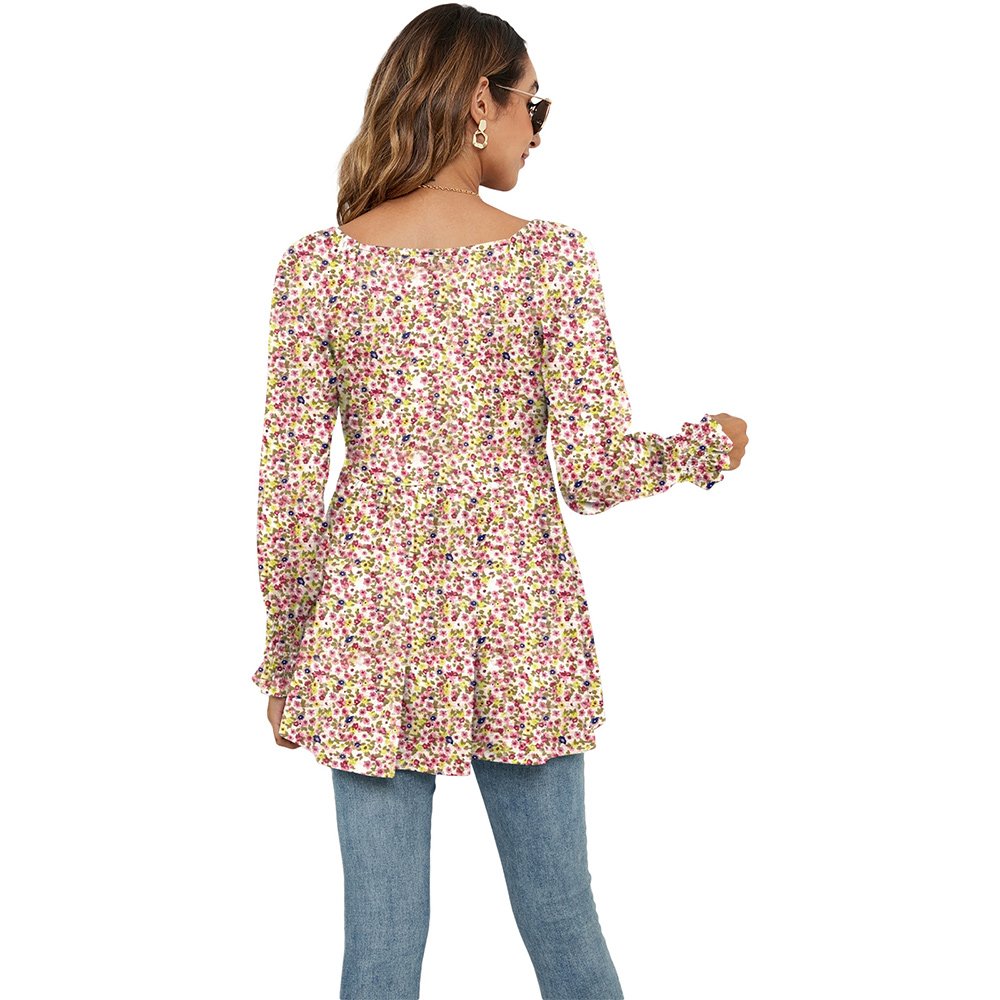 Macymars™ Women Swing Hem Long Sleeve Tops Bohemian Work Floral Print Pullover V Neck Tunic Blouse