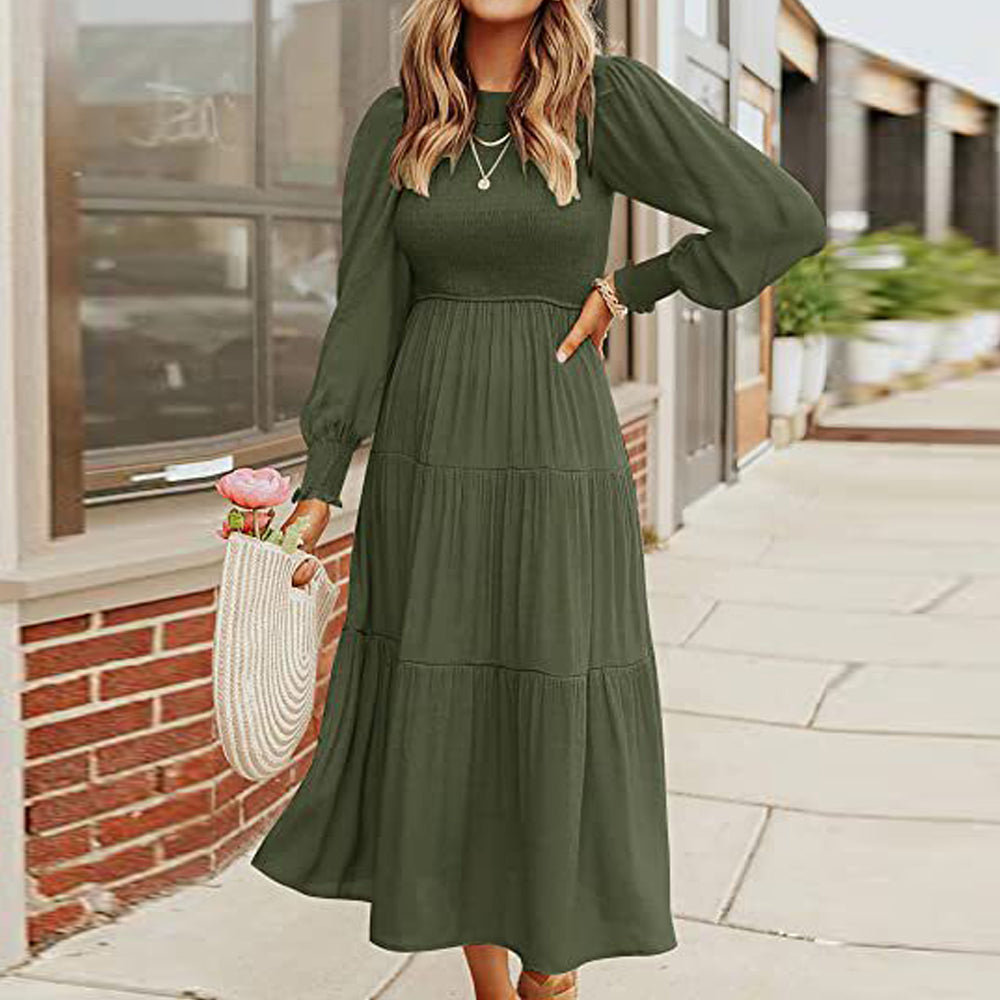 Macymars™ Women's Pleated Long Sleeve Round Neck Dress