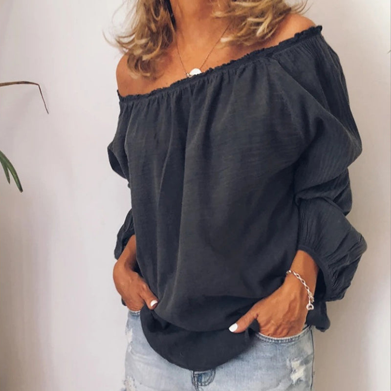 Macymars™ Flat Neck Elastic Pleated Sweet Cotton Linen Solid Long Sleeve Women's Shirt