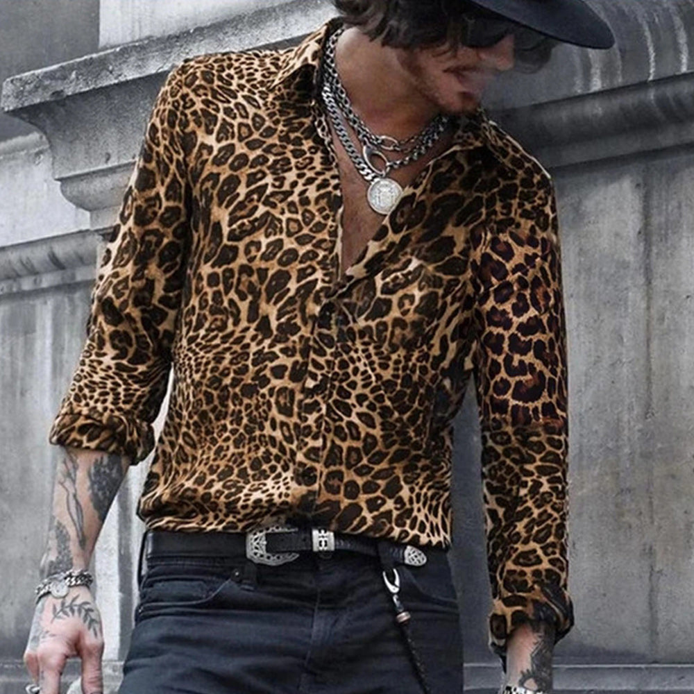 Macymars™ Men's Leopard Print Lapel Long Sleeve Shirt