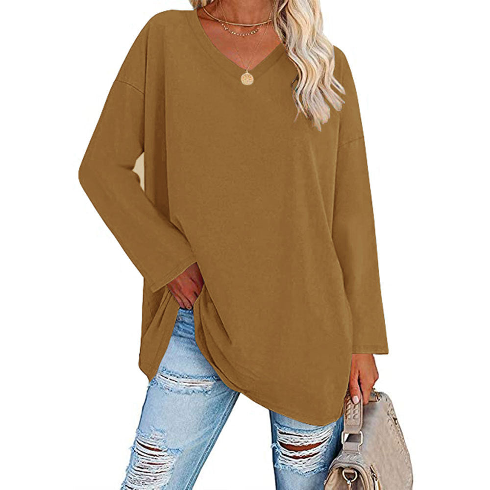 Macymars™ Women's Solid Color Fashion V-Neck Loose Long Sleeve T-Shirt