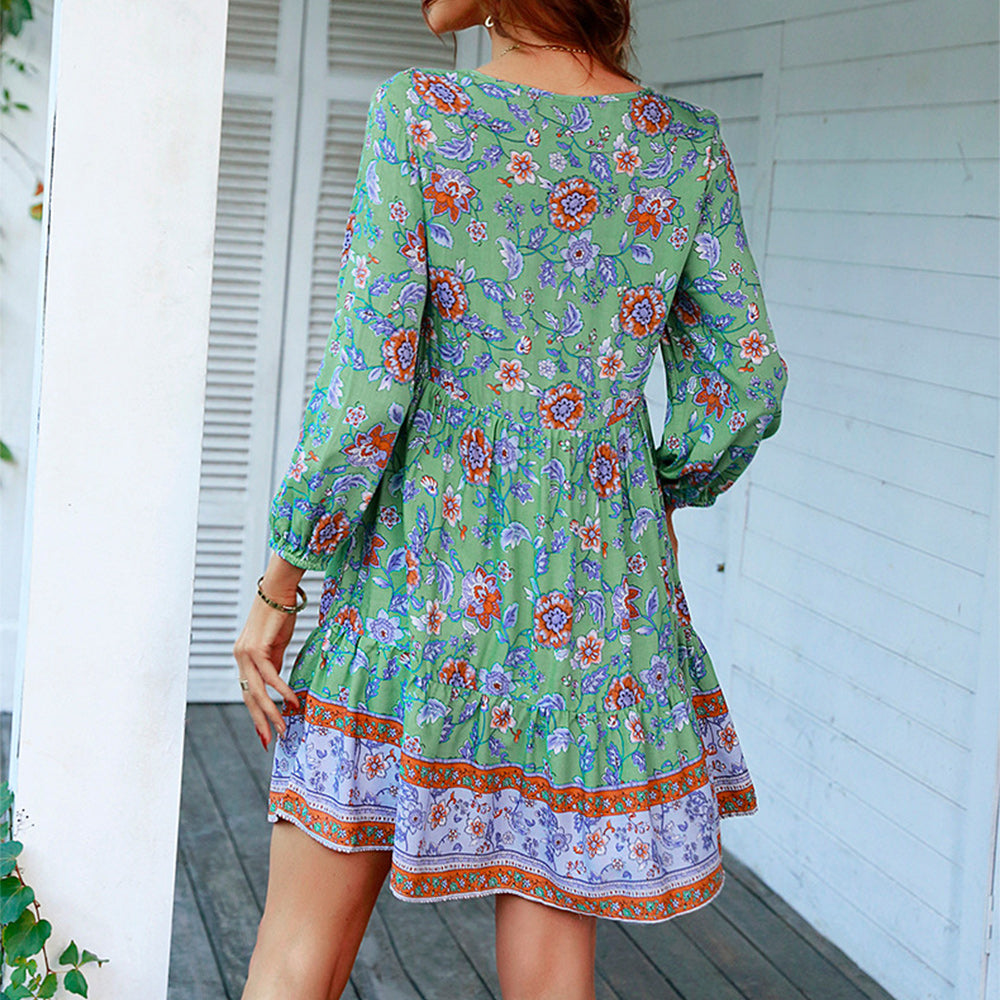 Macymars™ Casual V Neck Long Sleeve Spring Summer Floral Bohemian Short Dress for Women Boho Mini Skirt