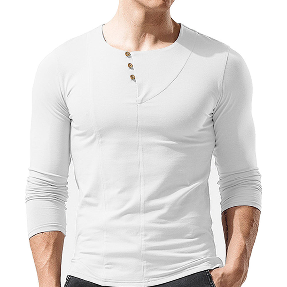 Macymars™ Men's Long Sleeve Solid Color Round Neck Button T-Shirt