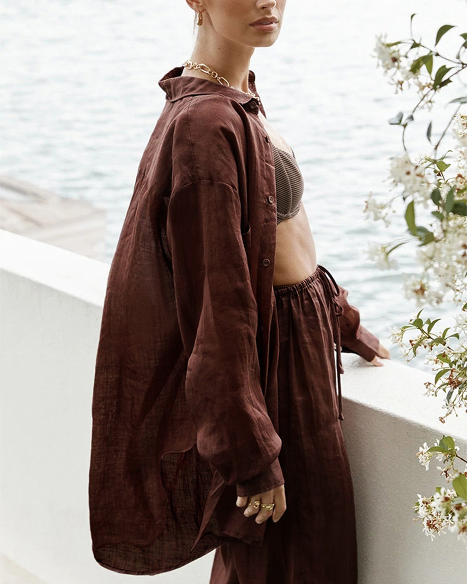 Macymars™ Loose Cotton Linen Shirt Wide Leg Pants Two Piece Set