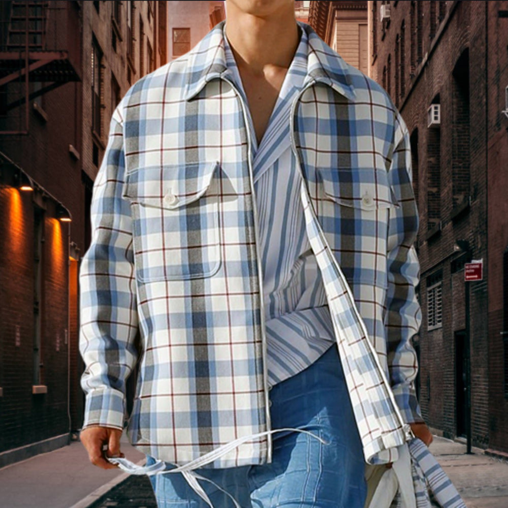 Macymars™ Autumn Men's Casual Fashion Long Sleeve Blue Plaid Shirt Jacket