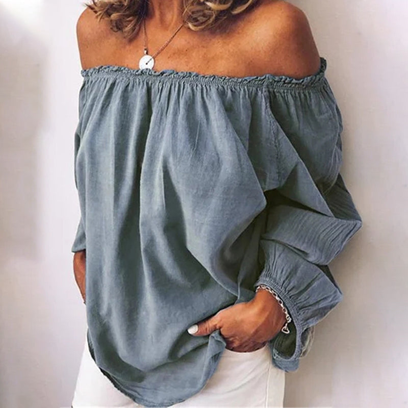 Macymars™ Flat Neck Elastic Pleated Sweet Cotton Linen Solid Long Sleeve Women's Shirt