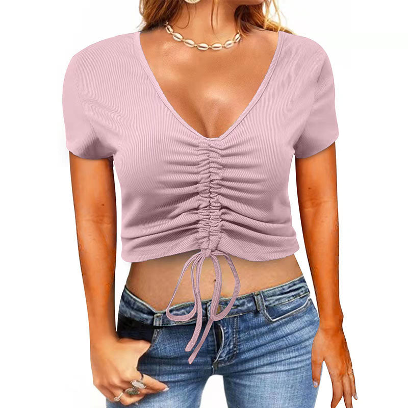 Macymars™ Fashionable Drawstring Crop Neck V Neck Sport Women's T-Shirt