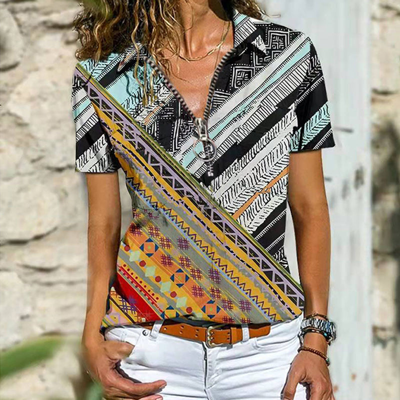 Macymars™ Spring And Summer Bohemian Ethnic Zip Short Sleeve Women's T-Shirt