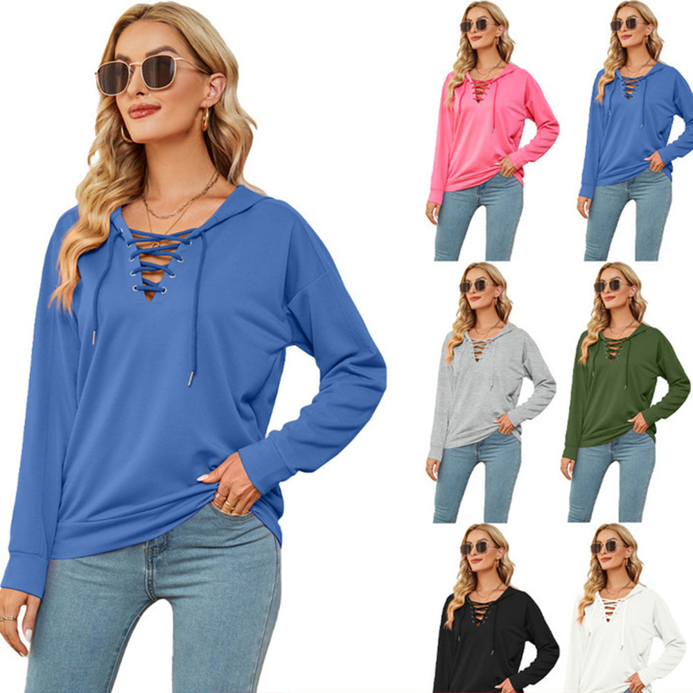 Macymars™ Women's Neck Tie Long Sleeve Hooded Sweatshirt