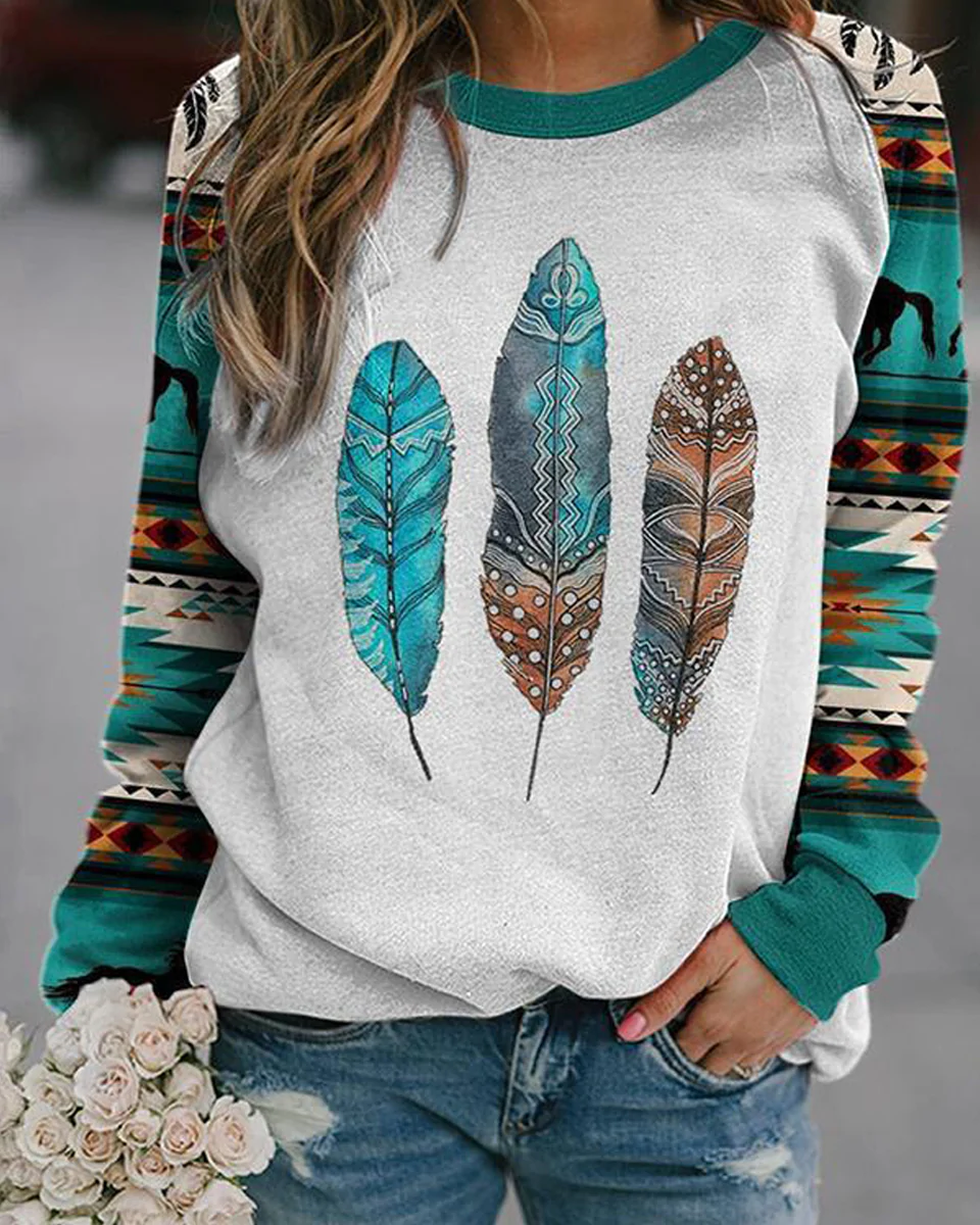 Macymars™ Women Retro Print Crew Neck Long Sleeve Sweatshirt Top