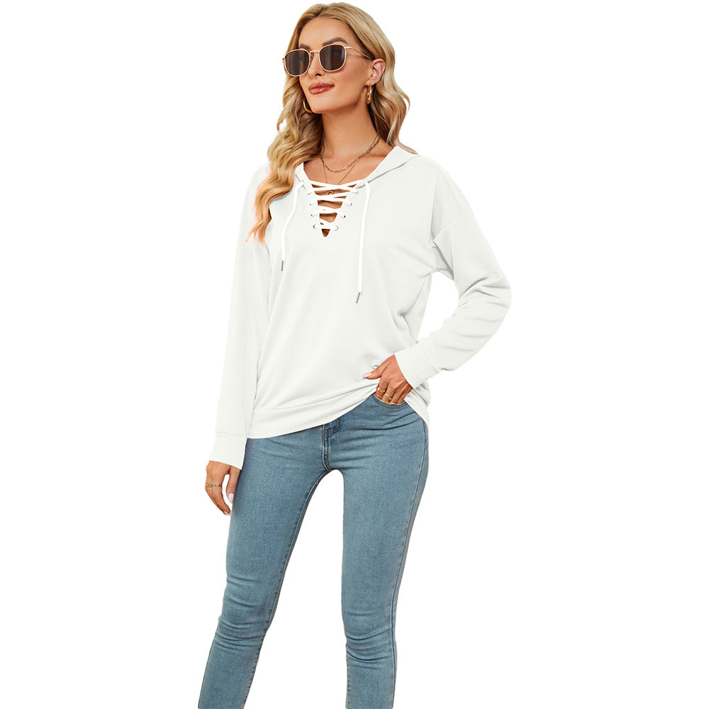 Macymars™ Women's Neck Tie Long Sleeve Hooded Sweatshirt