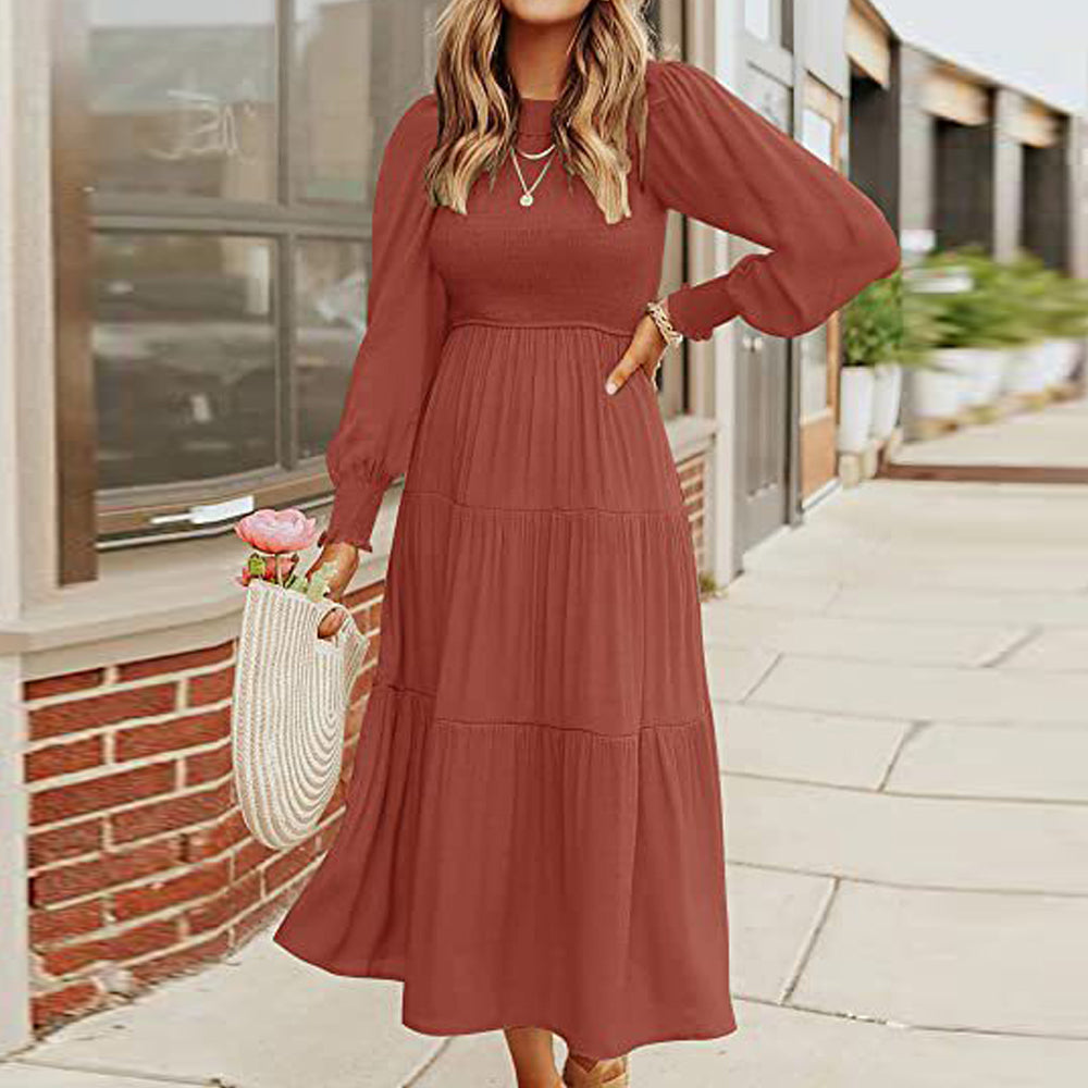 Macymars™ Women's Pleated Long Sleeve Round Neck Dress