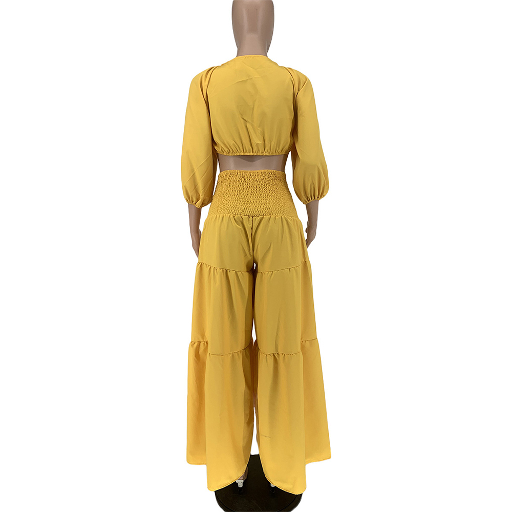 Macymars™ Fashion Casual Sexy Elastic Wide Leg Pants Set Pleated Solid Color Two Piece