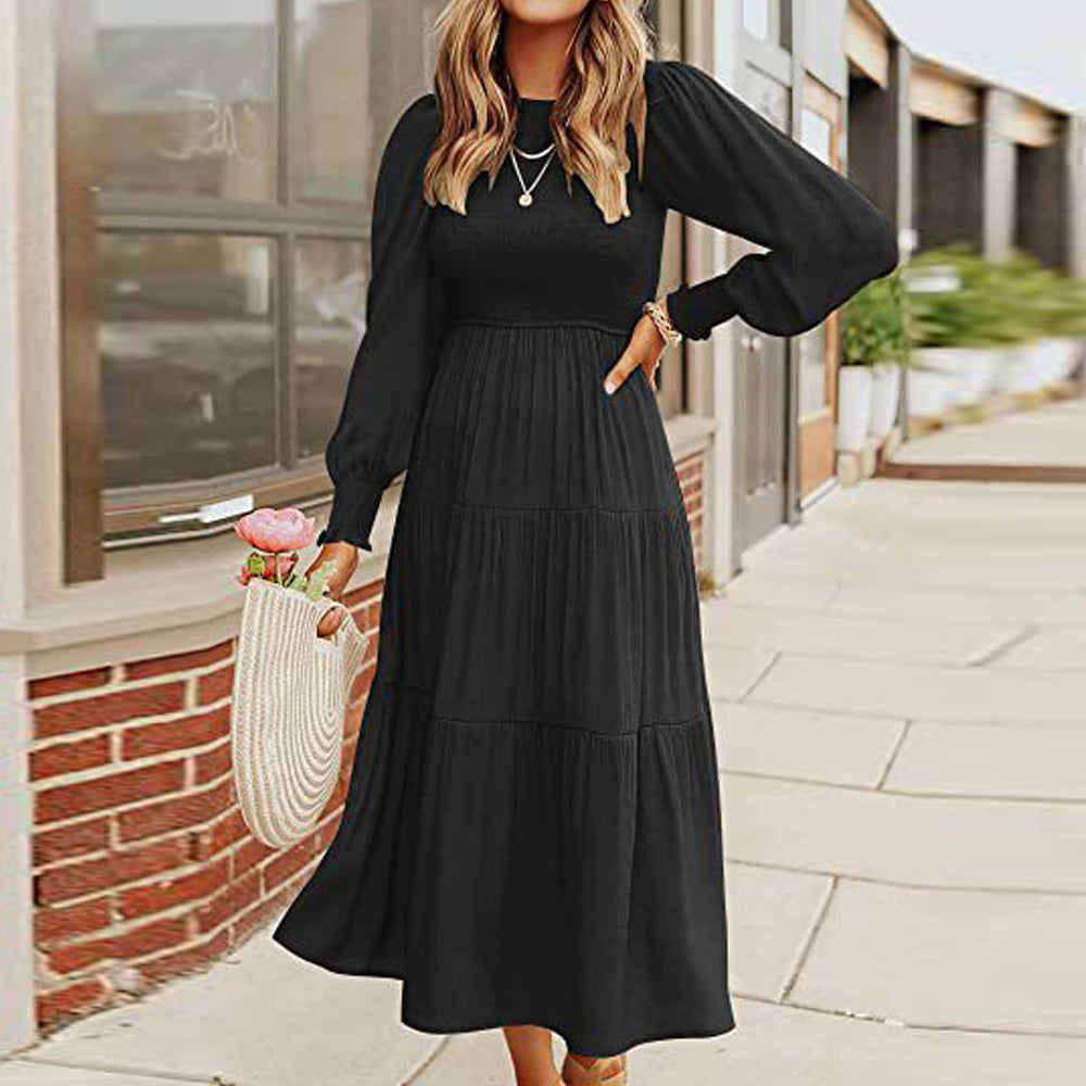 Macymars™ Women's Pleated Long Sleeve Round Neck Dress