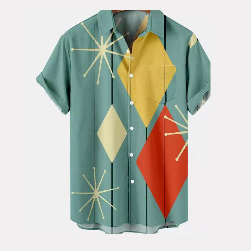 Macymars™ Fashionable Trend Green Geometric Print Men's Bowing Shirt