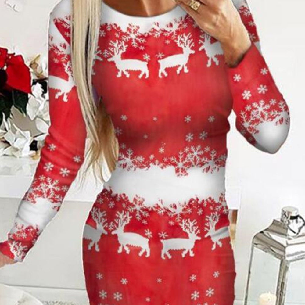 Macymars™ Christmas Print Long Sleeve Slim Dress