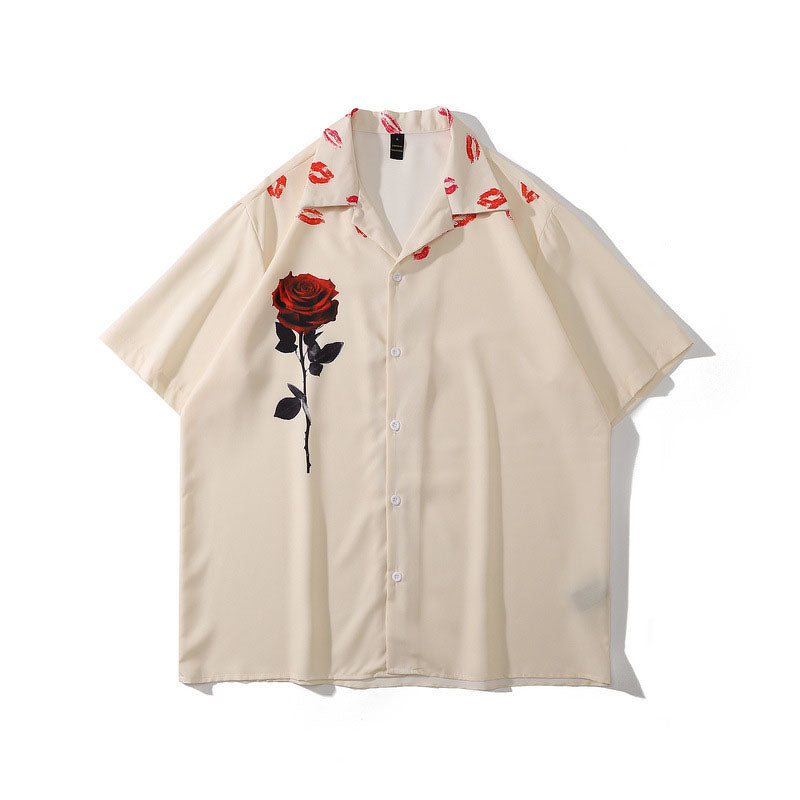 Macymars™ Retro Rose Lips Print Street Oversize Men's Bowling Shirt