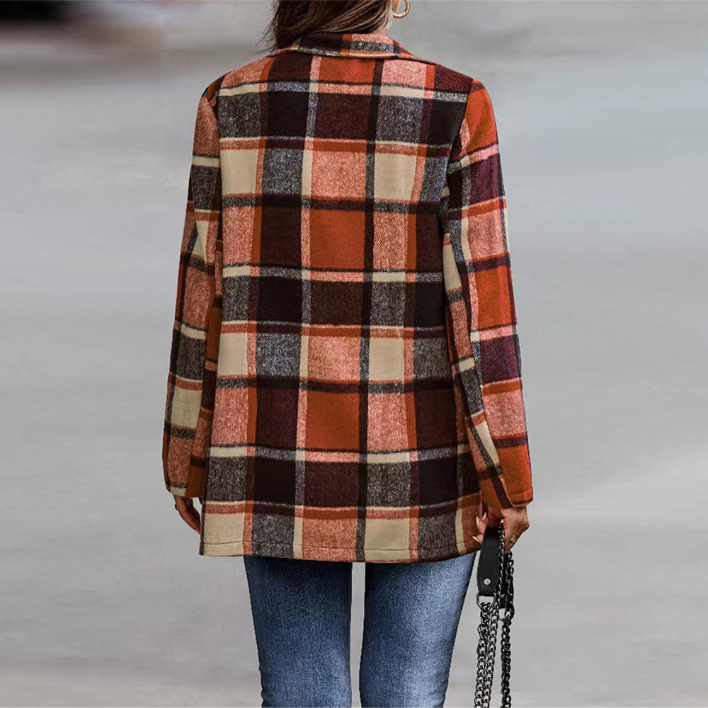 Macymars™ New Autumn Winter Women Warm Woolen Plaid Coat Office Lady Long Sleeve Shirt Cardigan