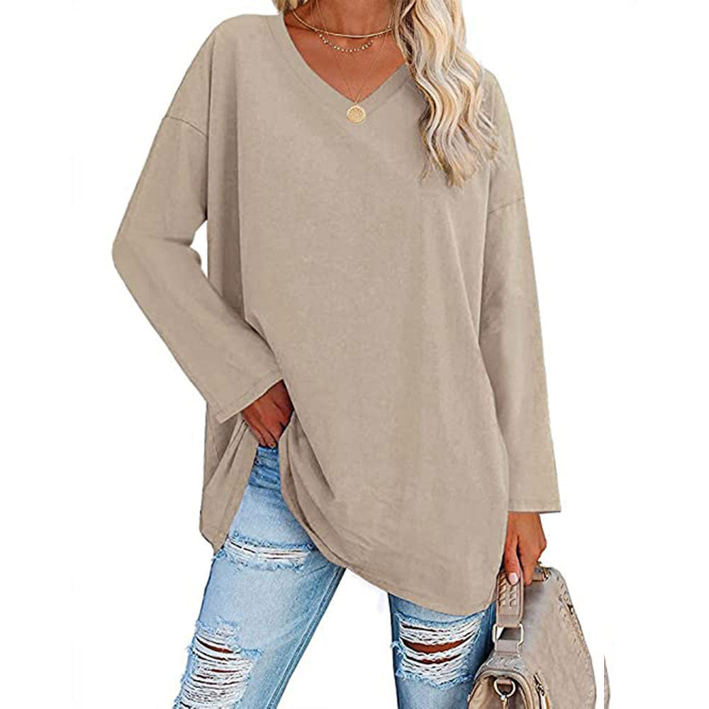 Macymars™ Women's Solid Color Fashion V-Neck Loose Long Sleeve T-Shirt