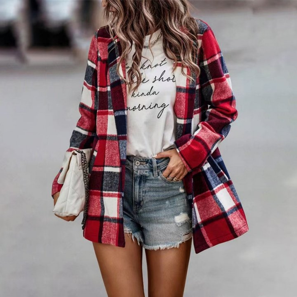 Macymars™ New Autumn Winter Women Warm Woolen Plaid Coat Office Lady Long Sleeve Shirt Cardigan