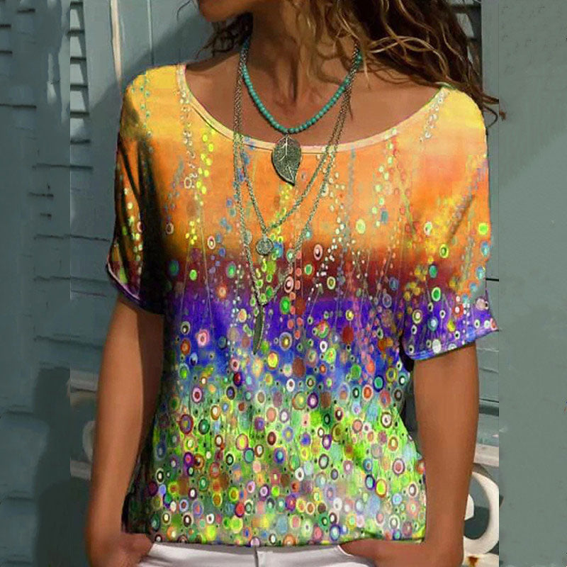 Macymars™ Rainbow Gradient Dot Print Sweet Crew Neck Women's T-Shirt