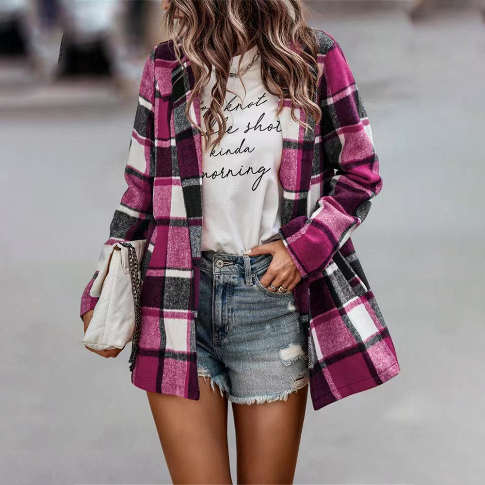 Macymars™ New Autumn Winter Women Warm Woolen Plaid Coat Office Lady Long Sleeve Shirt Cardigan