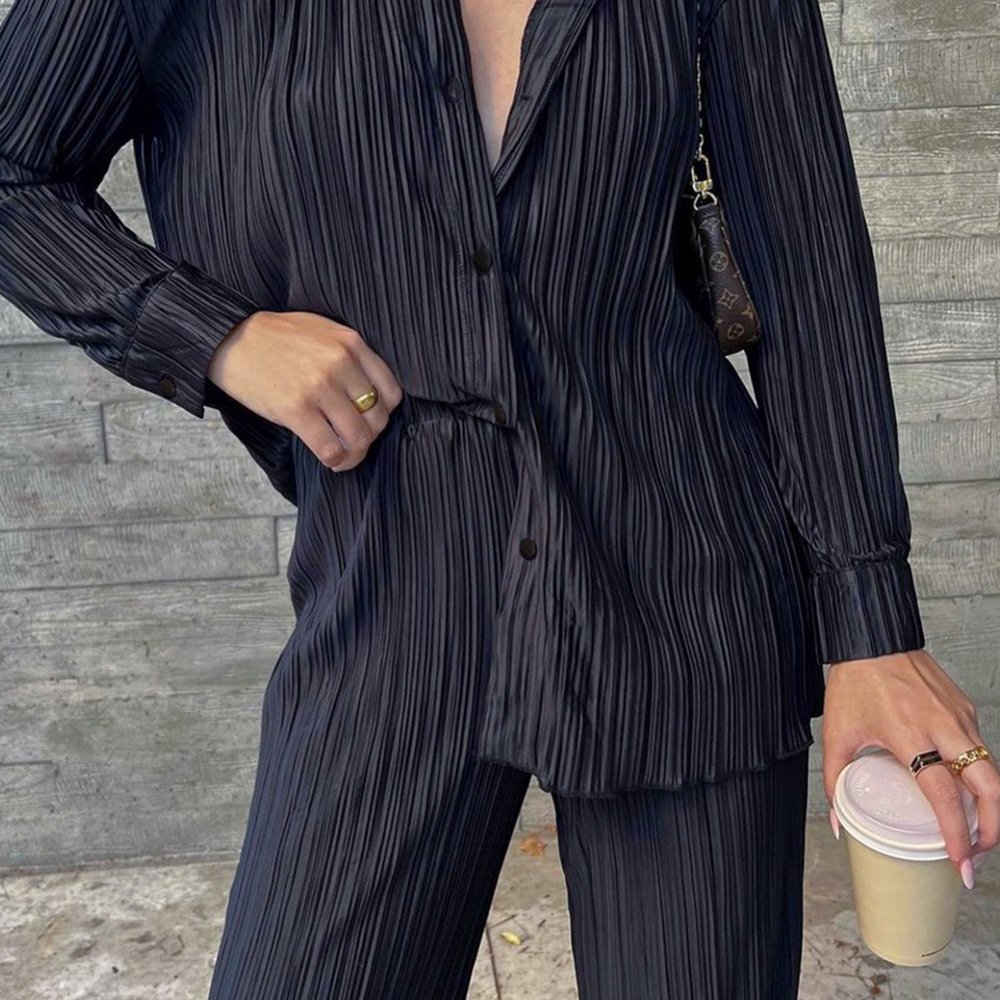 Macymars™ Women Clothing Retro Casual Fashion Fashion Suit 2022 Long Sleeve Loose-Fitting Pleated Wide Leg Pants Two-Piece Set