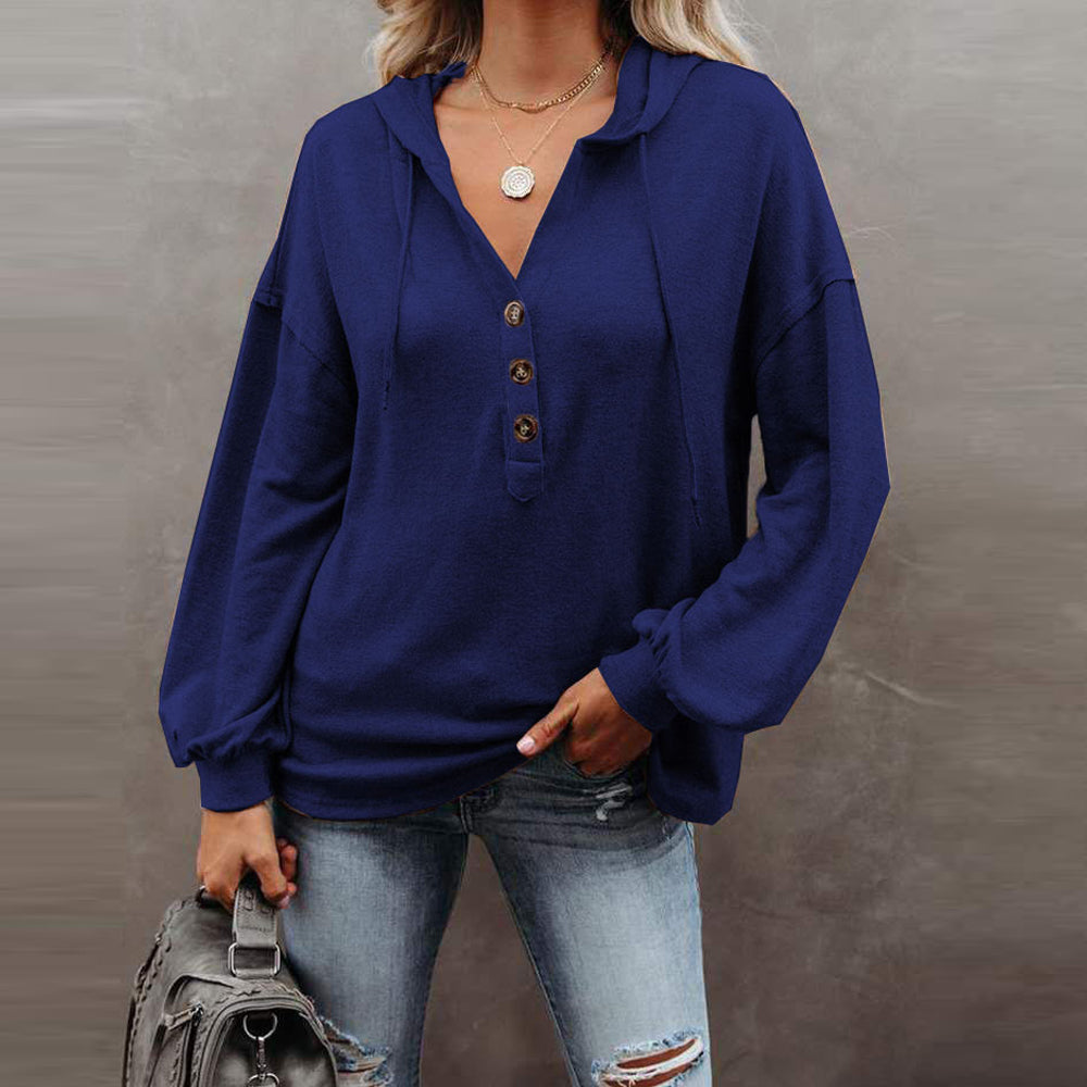 Macymars™ Women's Solid Color V-Neck Button Hooded Loose Long Sleeve Sweatshirt