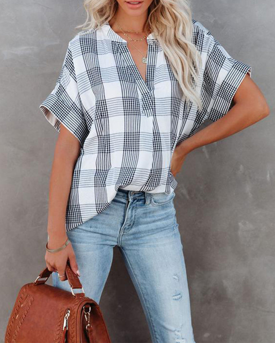 Macymars™ Women Plaid V Neck Loose Casual Basic T-Shirt