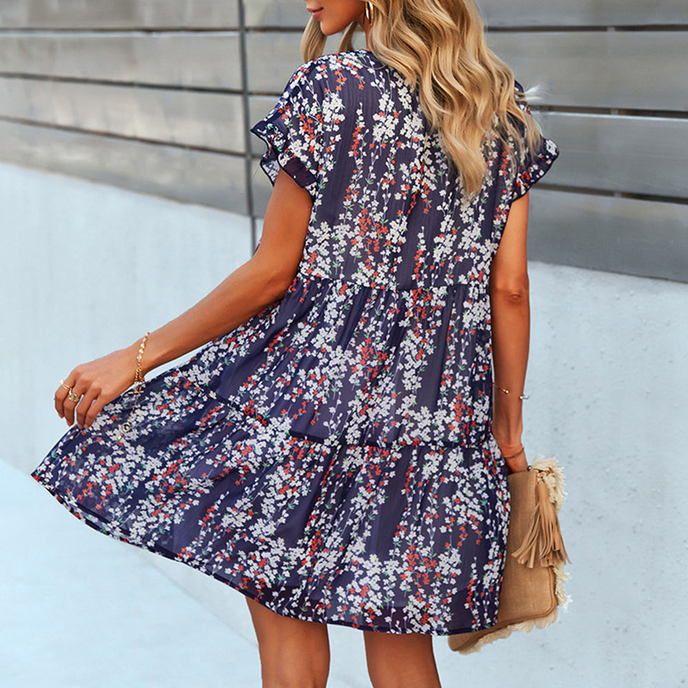 Macymars™ Summer Casual Beach V Neck A Line Loose Waist Chiffon Small Floral Bohemian Short Dress